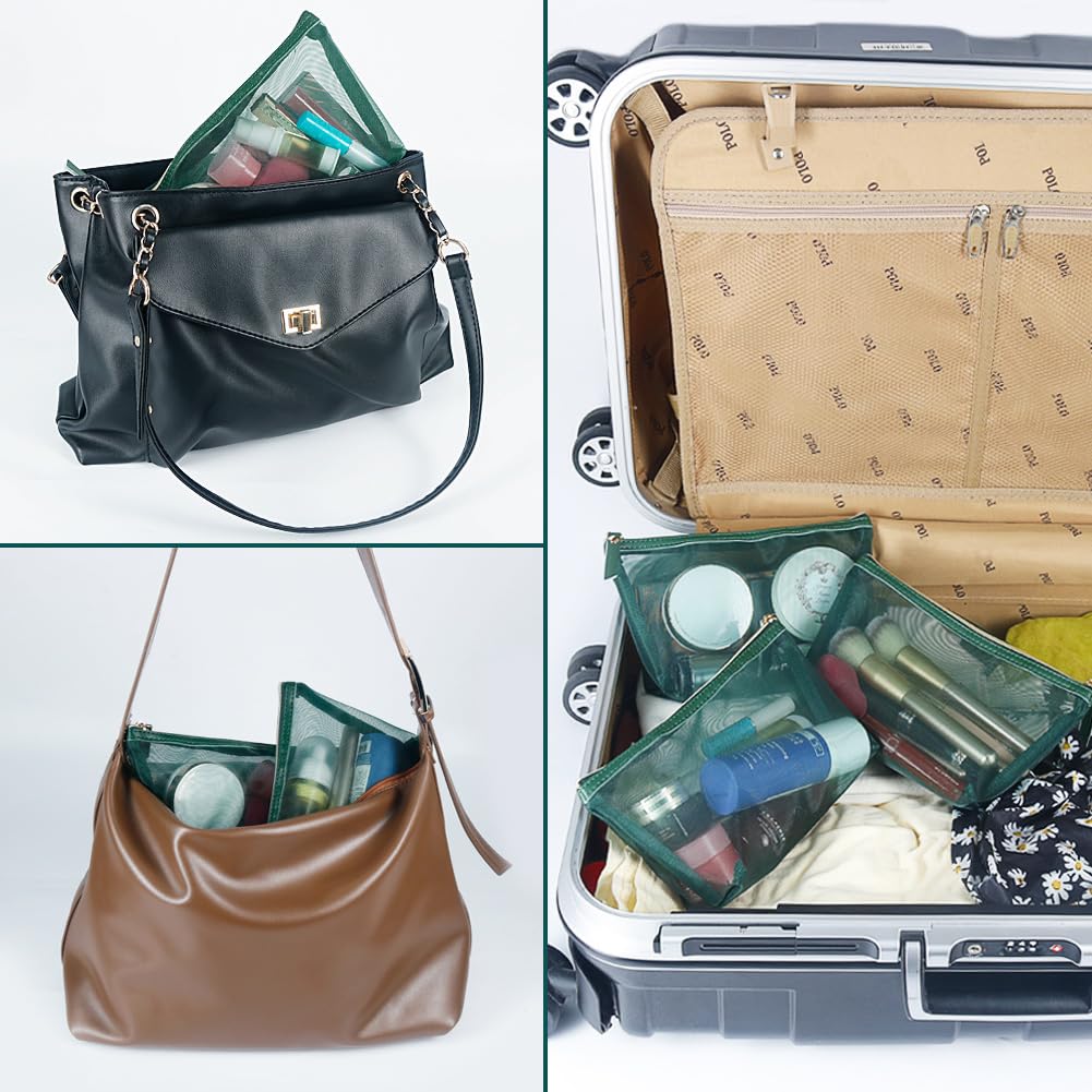 besharppin 3pcs Mesh Cosmetic Bags, Nylon Makeup Pouches with Leather Pull and Golden Zipper for Purse Diaper Bag (Emerald Green)