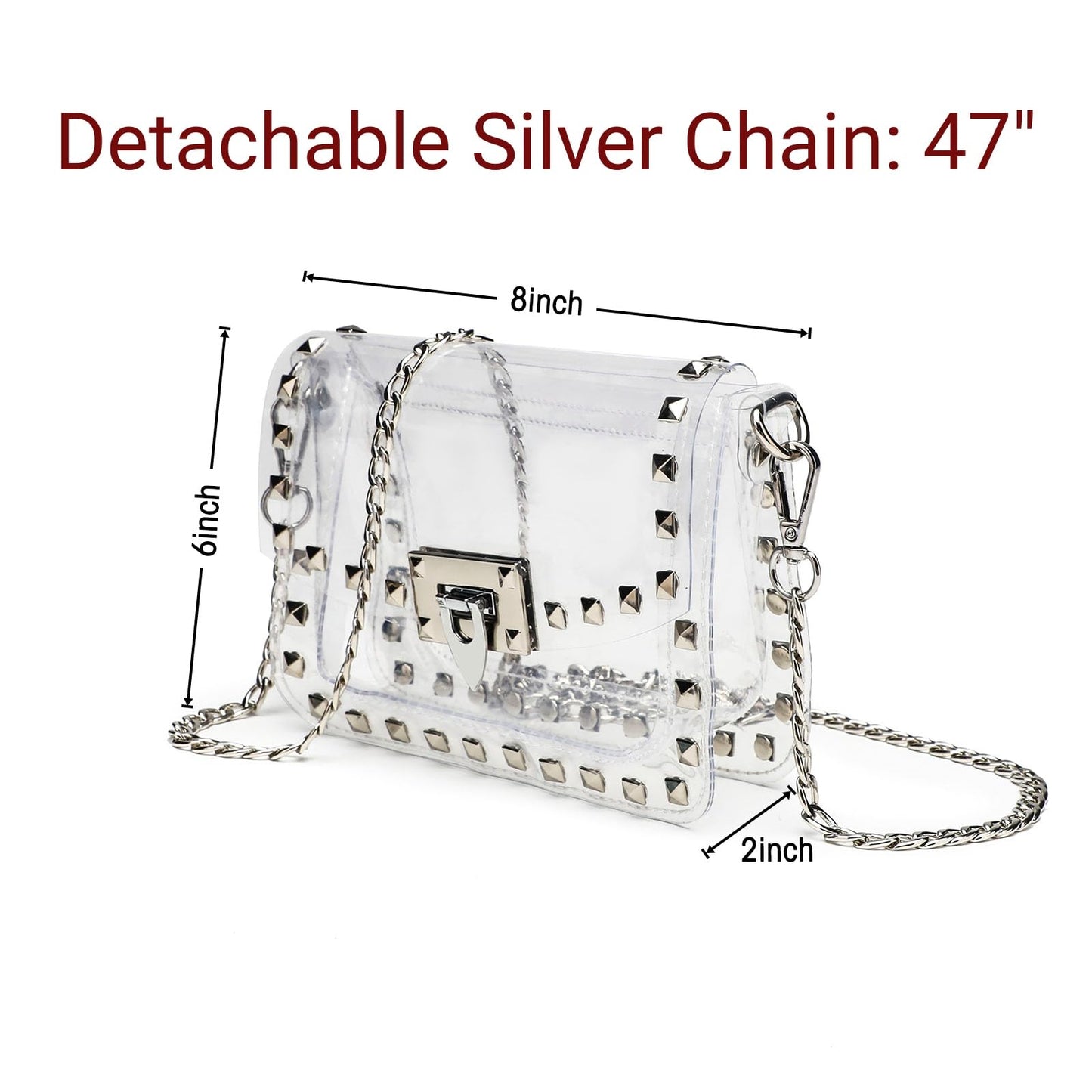 SharPlus Clear Crossbody Purse Bag for Women Stadium Approved with Silver Studded Rivet, Clear PVC Clutch Handbag for Concert & Game Day
