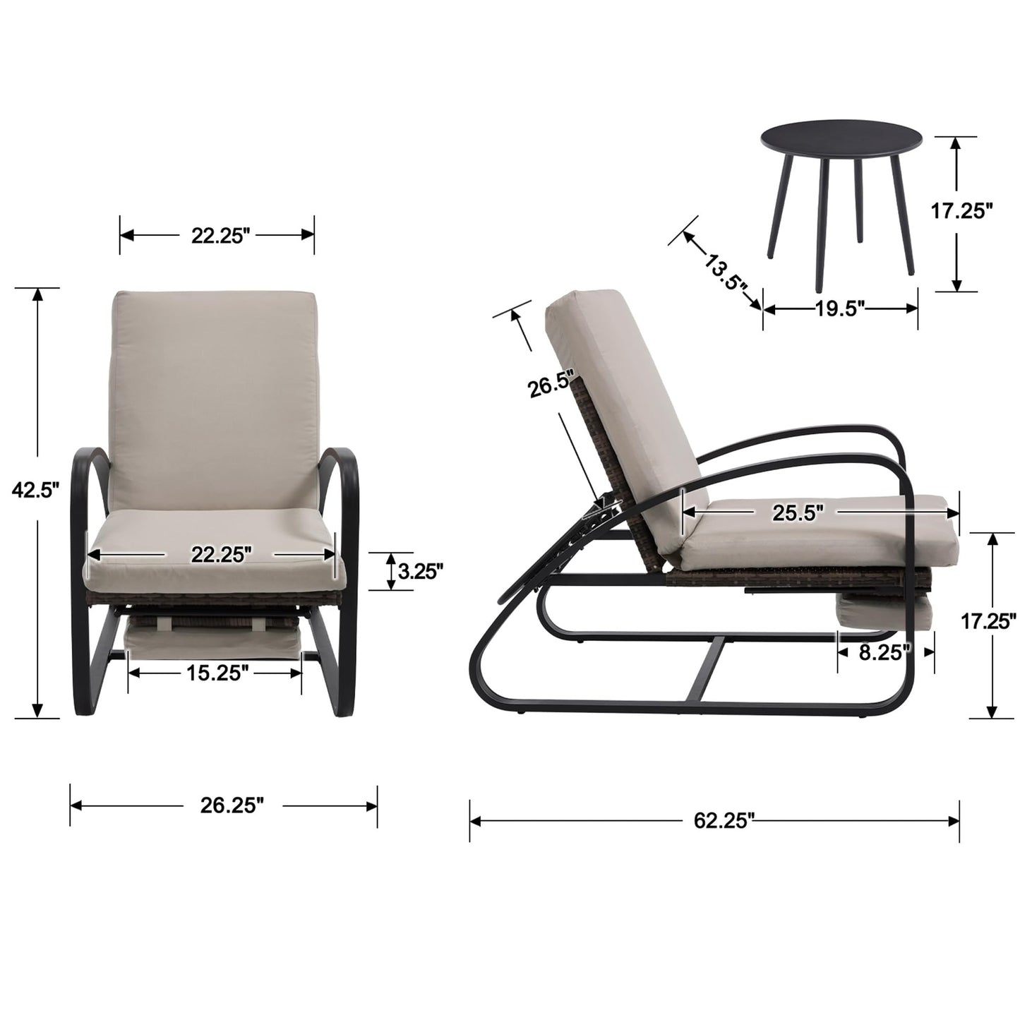 DAYARUS 3 Piece Patio Furniture Set with Pullout Footrest, Adjustable Backrest Patio Conversation Set, Metal Patio Chairs with Coffee Table, Outdoor Furniture Lounge Recliner for Lawn/Balcony, Khaki