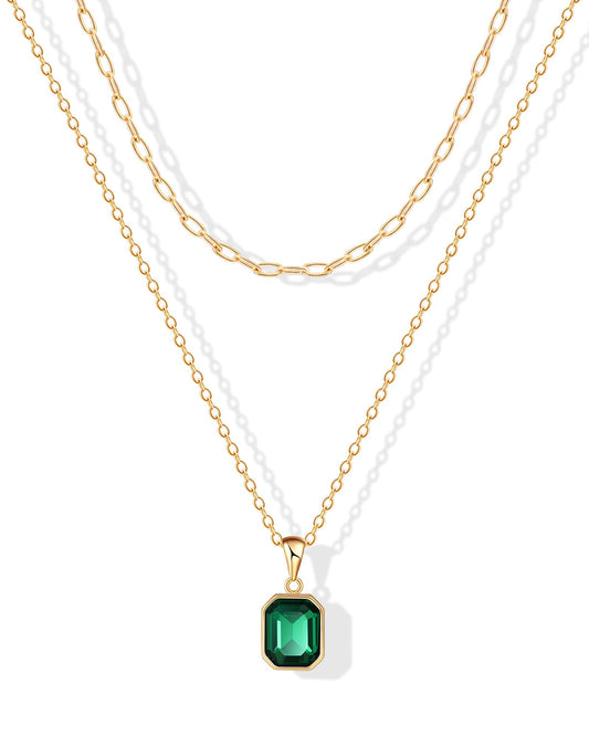 ACECHA Gold Layered Necklaces for Women, 18k Gold Plated Paperclip Chain Choker Necklace with Rectangle Crystal Birthstone Pendant Dainty Emerald Green Jewelry Gifts
