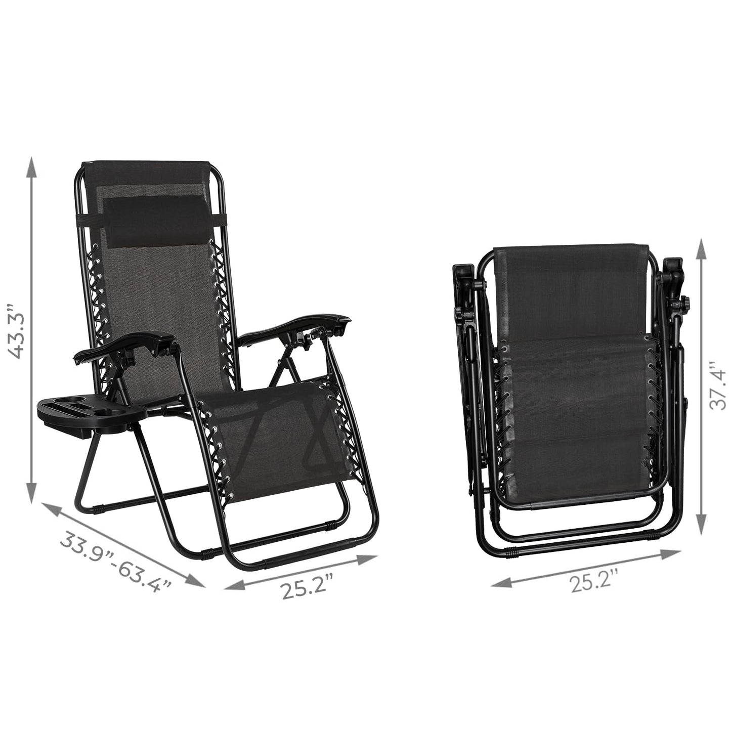 TLSUNNY Zero Gravity Chair Set of 2, Outdoor Folding Lounge W/Detachable Headrest & Holder Tray, Adjustable Textilene Lawn Reclining, No Assembly Required, for Patio, Garden, 330LBS (1, Black)