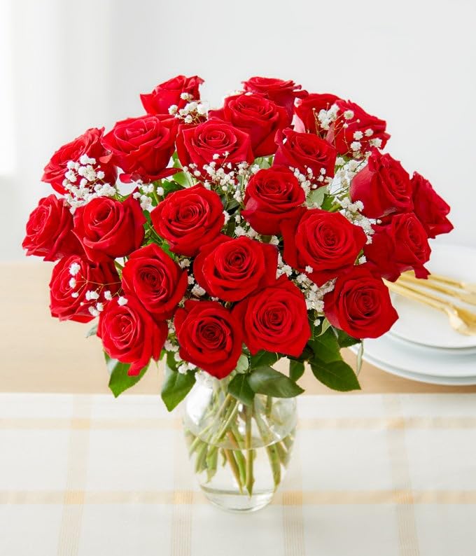 From You Flowers - Two Dozen Long Stemmed Red Roses with Glass Vase (Fresh Flower Bouquets) Birthday, Anniversary, Get Well, Congratulations, Thank You, All Occasions
