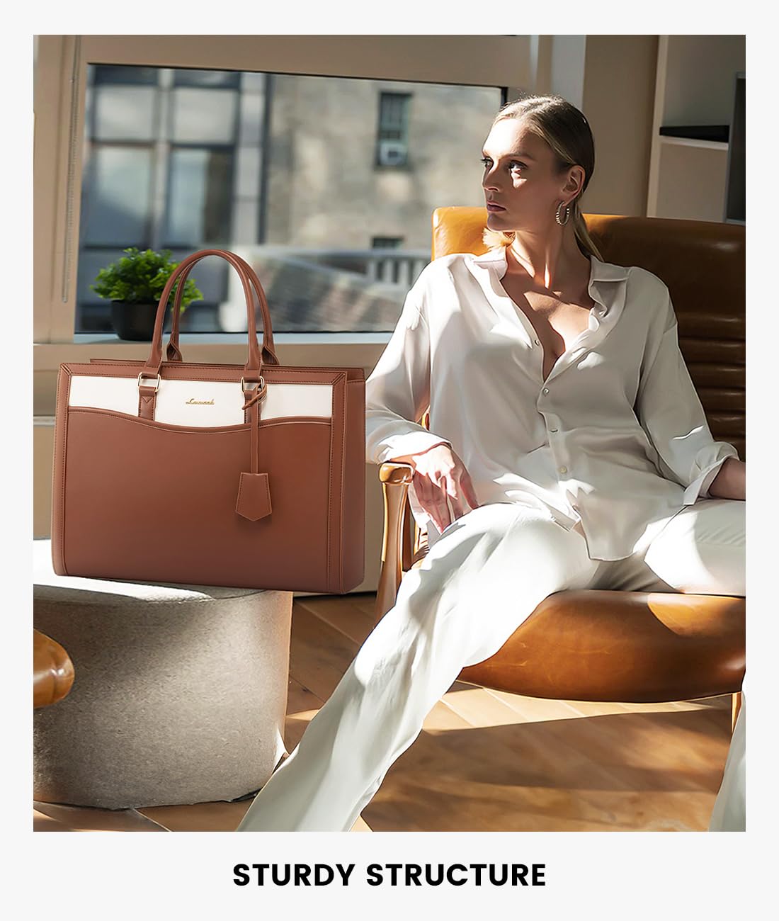 LOVEVOOK Laptop Tote Bag for Women, Leather Office Work Bag Briefcase fit for 15.6 inch Laptop, Large Teacher Computer Bag Handbag,2pcs Set Leather/Brown-White