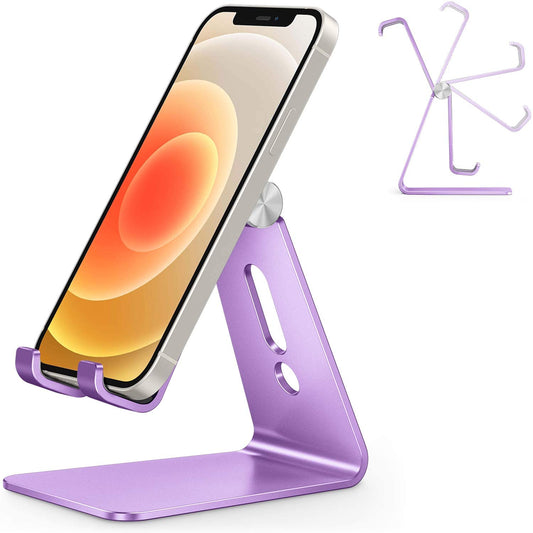 Adjustable Cell Phone Stand, OMOTON Aluminum Desktop Cellphone Stand with Anti-Slip Base and Convenient Charging Port, Fits All Smart Phones, Silver