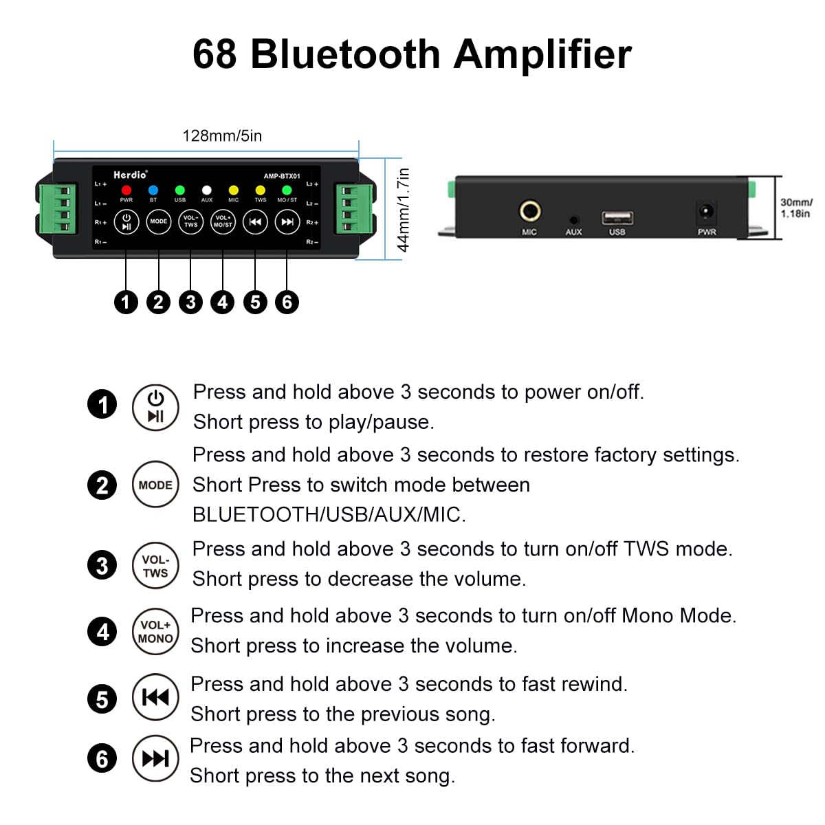 Herdio 6.5 Inch 800W Outdoor Bluetooth Speakers Wired Waterproof with Multifunctional Amplifier, Wall Mount Speaker for Patio Home Poolside Deck Backyard(2 Pairs,Black)