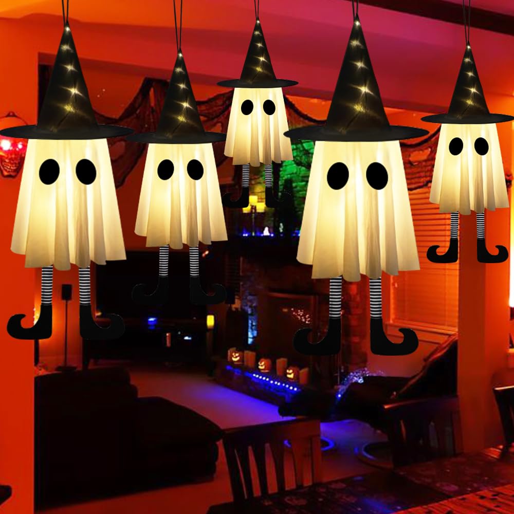 YUJUN 3 Packs Halloween Hanging Ghosts Decorations,Halloween Outdoor Indoor Witch Hat Glowing Ghost Lights Decor for Yard Patio Garden Tree Outside