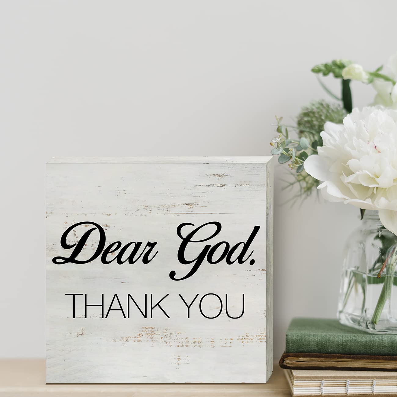 Dear God Thank You Wooden Box Sign Desk Décor Farmhouse Wood Block Plaque Rustic Box Sign for Living Room Shelf Table Decoration (5 X 5 Inch)