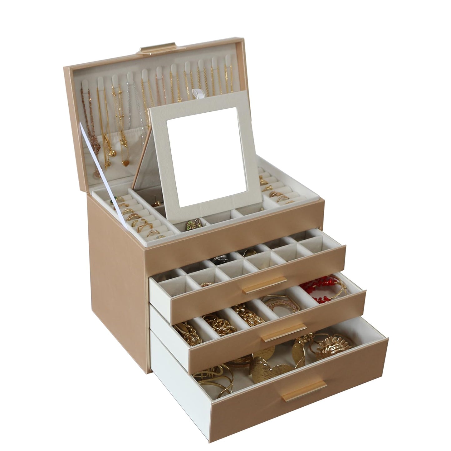 BOOVO Jewelry Boxes for Women, 5 Layer Jewelry Organizer with Necklace Hanger and Drawers, Large Jewelry Box for Earrings, Necklace and Bracelet Storage Gifts for Women and Girls (White, 5 Layer)