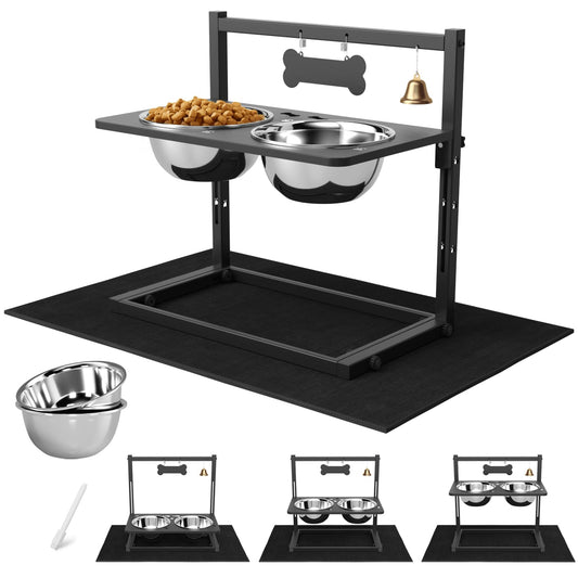 SHAINFUN Elevated Dog Bowls with Mat, Adjustable Height 4.3''-11.8'', Metal Stand, Two 1.7L Stainless Steel Food & Water Bowls for Large, Medium Dogs