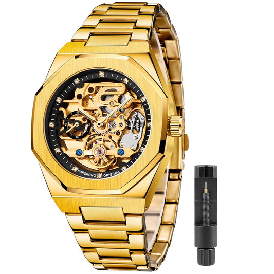 Tiong Cool Tourbillon Automatic Mechanical Watch Men Gold Luxury 2 Dial Watch Metal Stainless Steel Watchband Christmas Gift