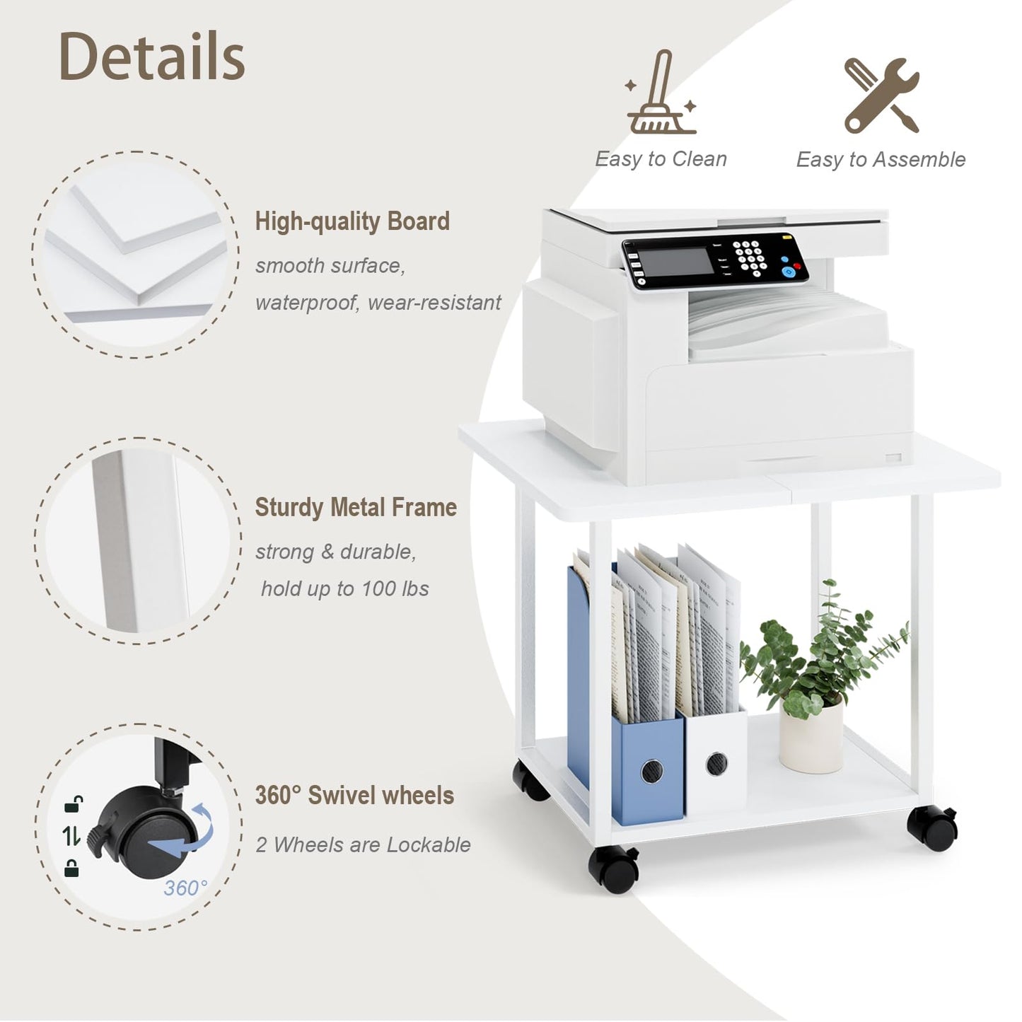 MARTY 22"x15.75" Large Under Desk Printer Stand with Storage Shelf 2-Tier Rolling Printer Cart with Wheels Printer Table for Home Office Heavy Duty Storage Rack for Scanner Fax Machine, White