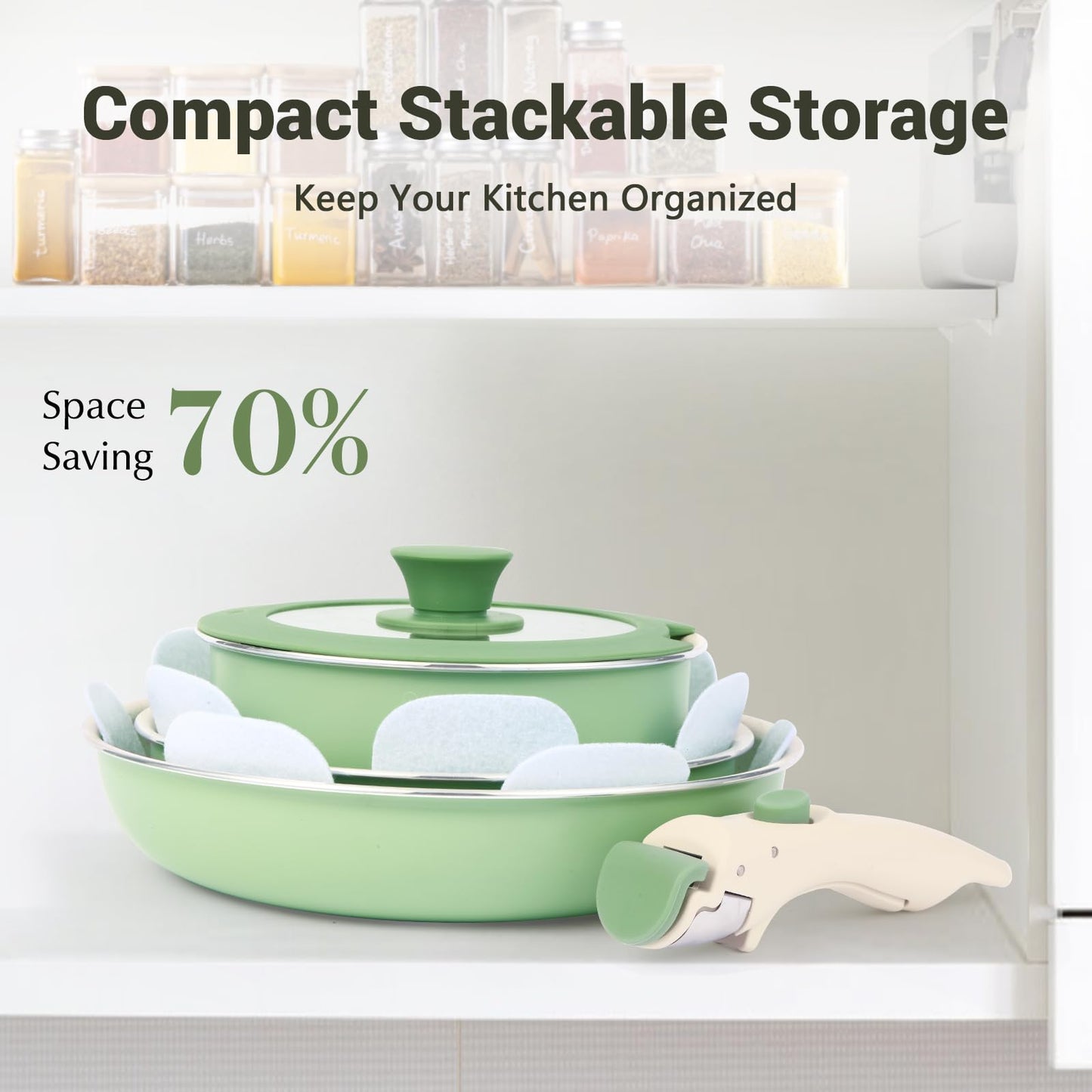 M MELENTA Pots and Pans Set Non Stick, 8pcs Granite Cookware Set, Detachable Handle Pots and Pans, Nonstick Induction Cookware with Removable Handle, Oven Safe RV Cooking Set, Green