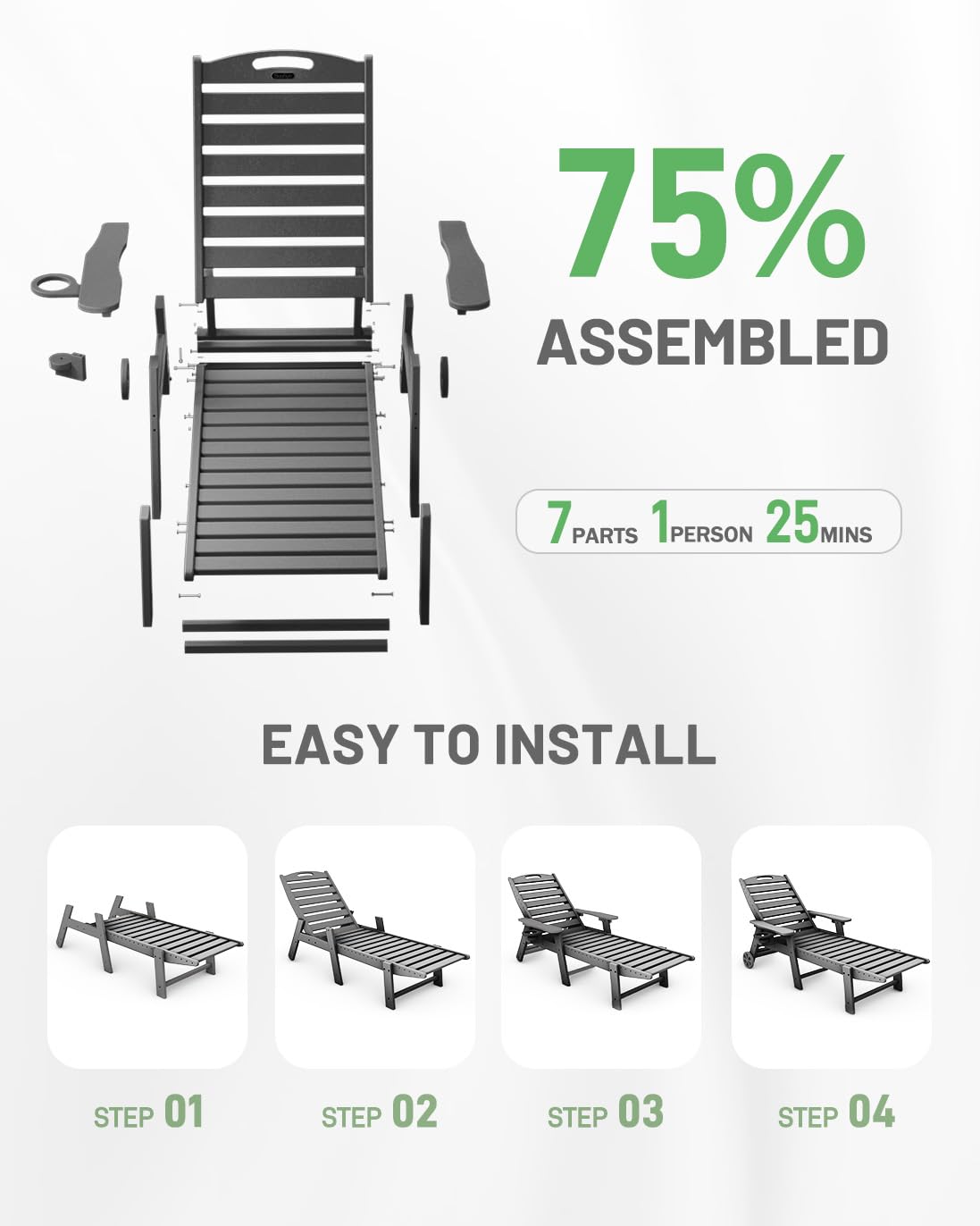SUUNYN Lounge Chair Outdoor, Chaise Lounge Chair Outdoor, HDPE 6-Position Lounge Chair for Outside, Patio Lounge Chair with Wheels & Cup Holder for Pool Poolside Deck Backyard, Grey