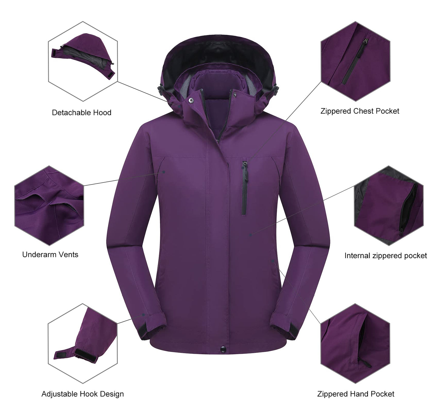 PTSOC Women's 3 in 1 Waterproof Ski Jacket Warm Winter Snow Coat Windproof Hooded Snowboarding Raincoat Purple Medium