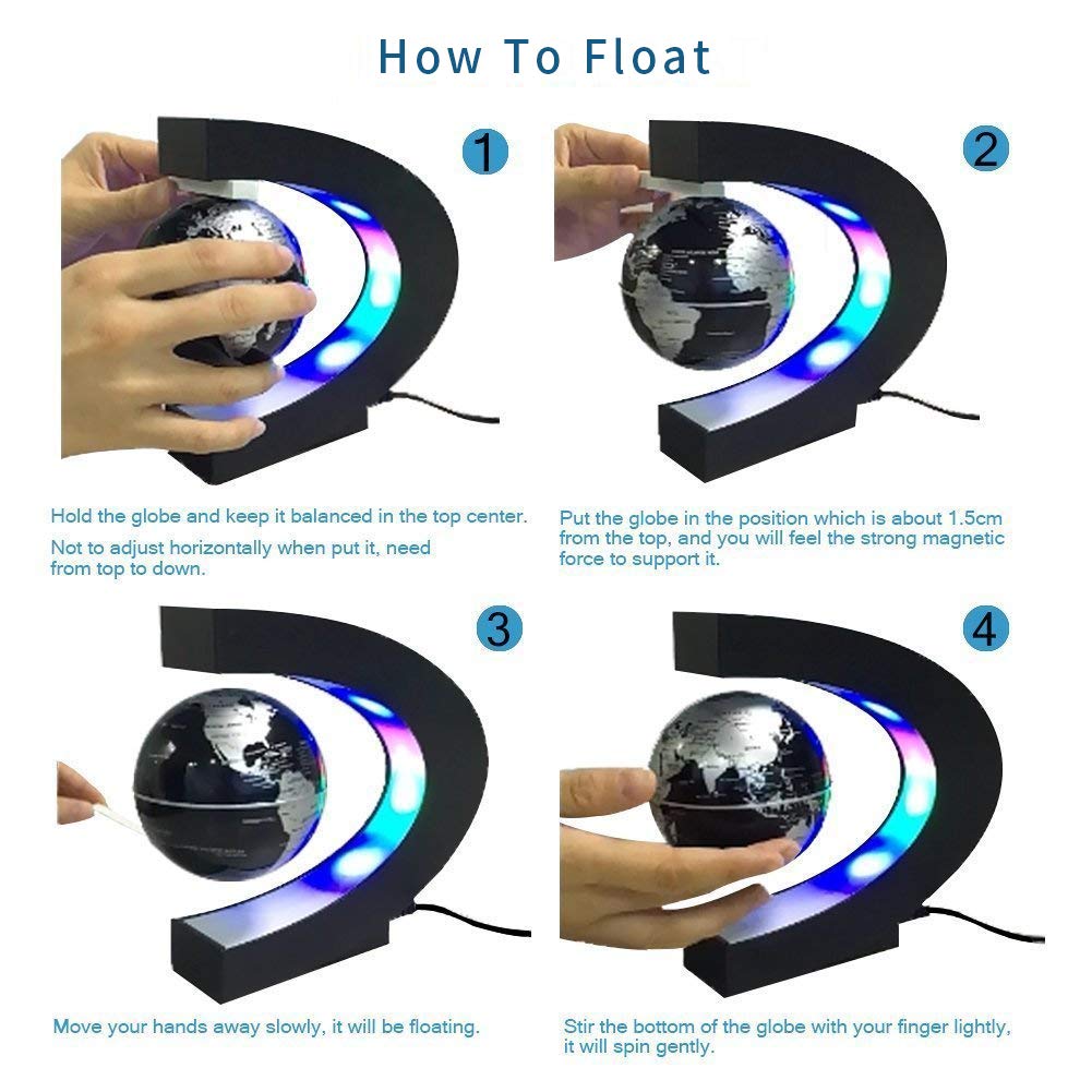 Senders Floating Globe with LED Lights C Shape Magnetic Levitation Floating Globe World Map for Desk Decoration (Black-Silver)