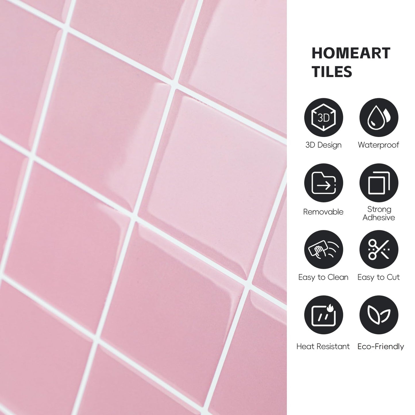 HOMEART Pink Peel and Stick Backsplash Square Tile, 3D Self Adhesive Stick on Backsplash Wall Tile Stickers for Kitchen Bathroom (10 Sheets, 12"x12")