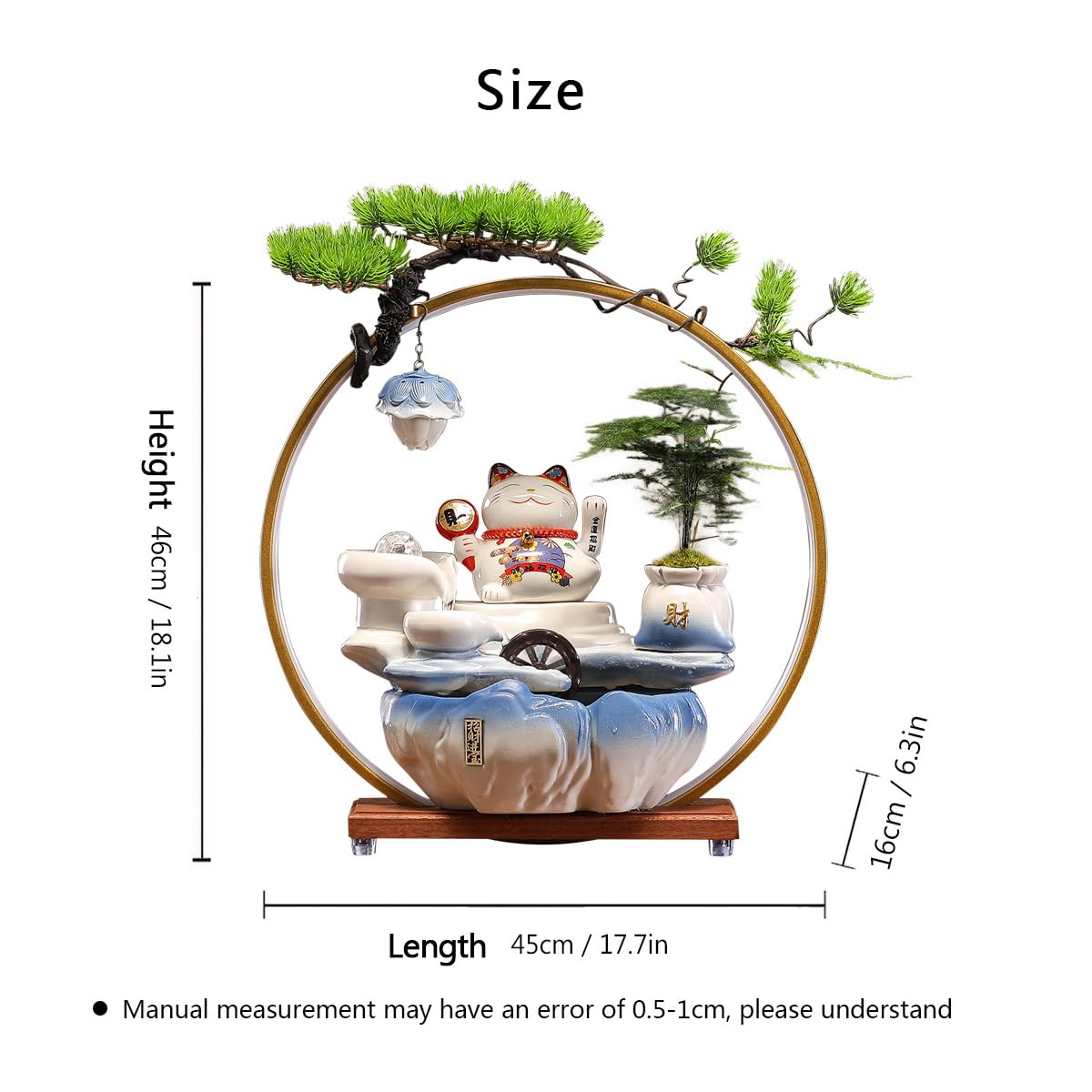 TXYXT Indoor Tabletop Waterfall Fountain with Chinese Ceramic Lucky Cat Waving Arm Figurine，Desktop Mini Water Fountain Decoration，LED Light Ring Backflow Incense Burner for Desk