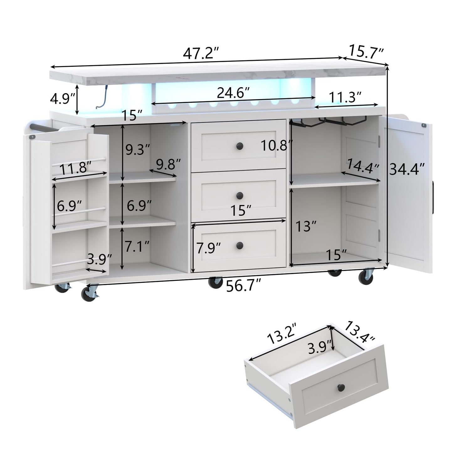 Rolling Kitchen Island Cart with Storage, Kitchen Island on Wheels with LED Lights & 3 Drawers, Side Table with Spice Rack & Towel Rack, Large Mobile Islands Table for Dining Room, White