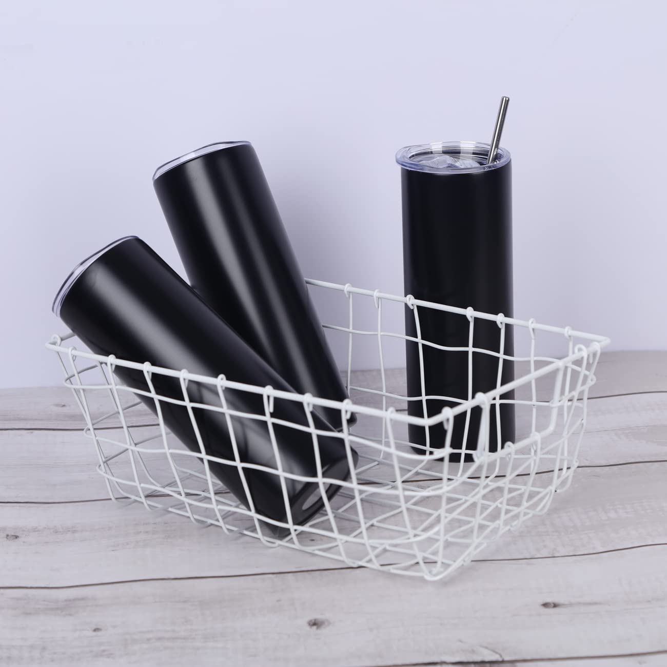 Wzaytia 20 Oz Stainless Steel Straight Skinny Tumbler Set (8 Pack), Insulated Slim Thin Travel Cup with Lid, Black