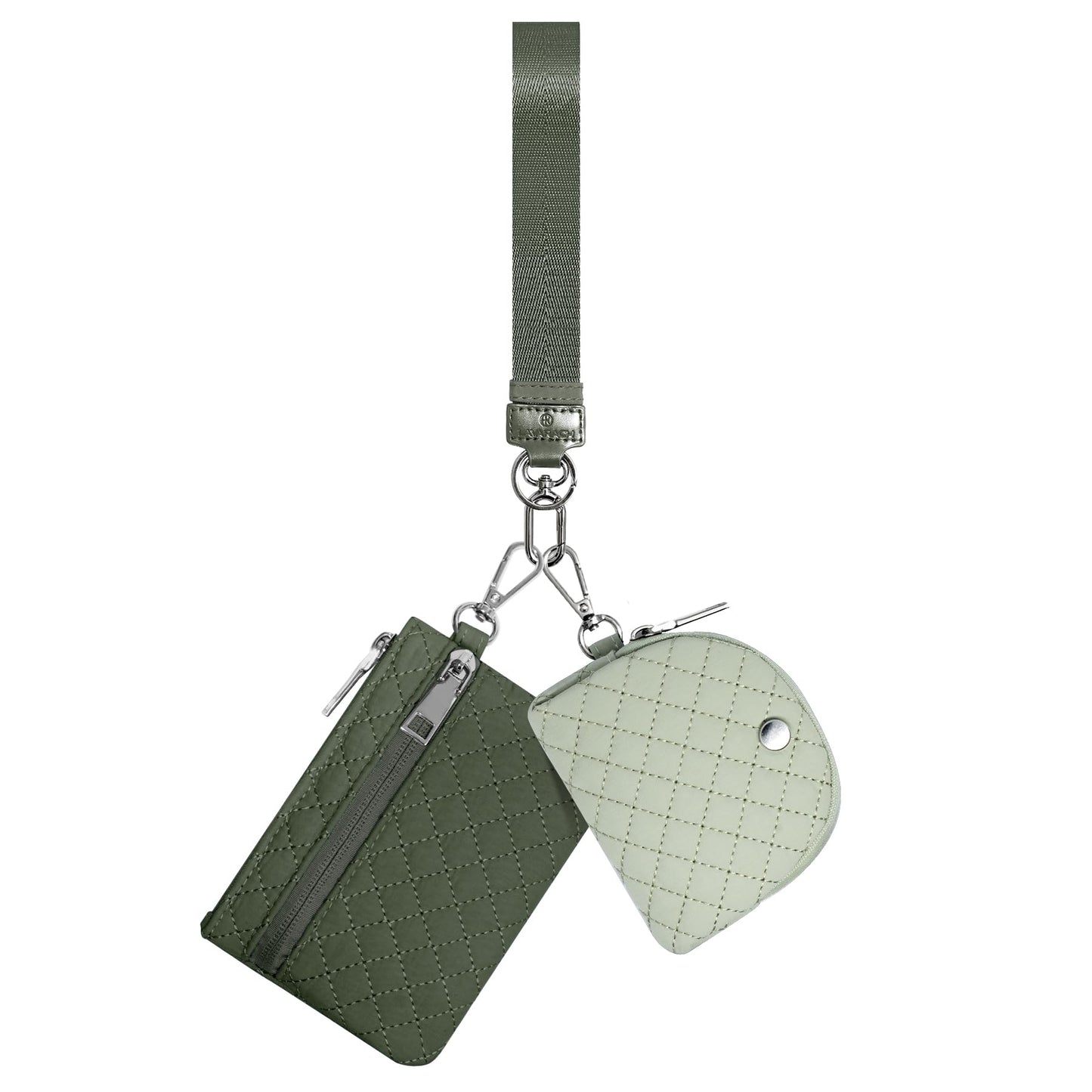 Lavarach Keychain Wallet Quilted Grid Mini Zip Around Wristlet Wallets for Women Detachable Dual Pouch Wristlet Portable Coin Purse Small Wallets Green