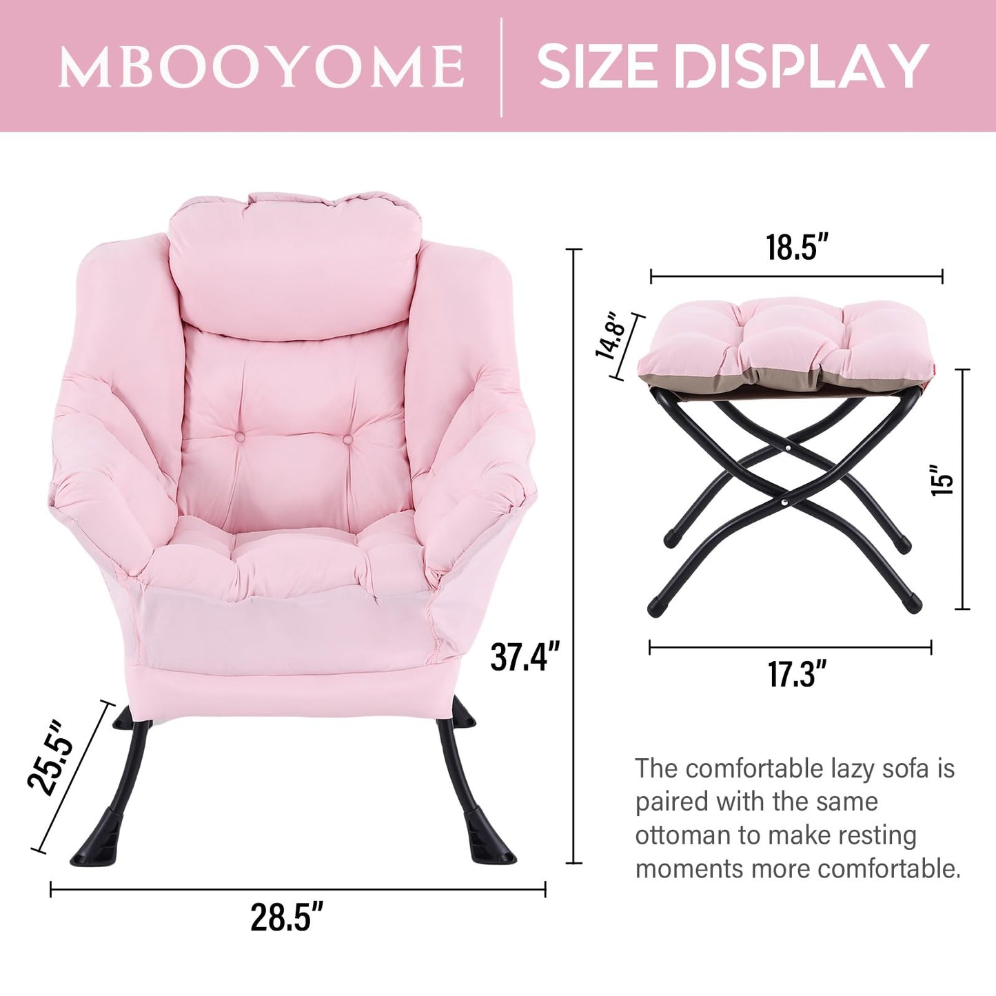 MBOOYOME Lazy Chair with Folding Ottoman, Modern Accent Lounge Armchair with Armrests and a Side Pocket & Foldable Footstool, Leisure Reading Chair for Living Room, Bedroom, Dorm & Office, Pink