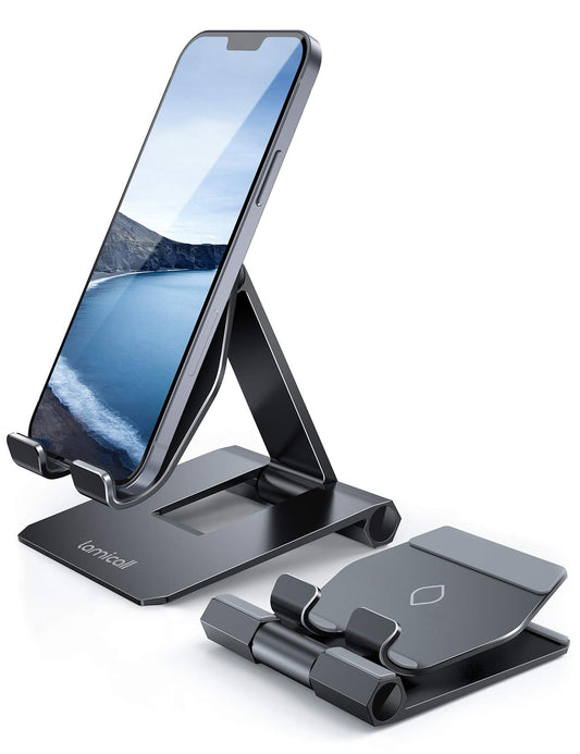 Lamicall 𝟮𝟬𝟮𝟒 𝐔𝐩𝐠𝐫𝐚𝐝𝐞𝐝 Adjustable Cell Phone Stand for Desk - Foldable Aluminum Desktop Phone Holder Cradle Dock, Compatible with Phone 15 14 13 12 Mini 11 Pro Xs (4-11'') - Grey