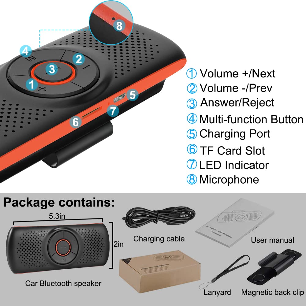 SKYBESS Car Bluetooth Speaker for Cell Phone, Portable Bluetooth Handsfree Car Kit Wireless in Car Speakerphone Music Player with Visor Clip, Supports Siri Google Assistant TF Card Playback