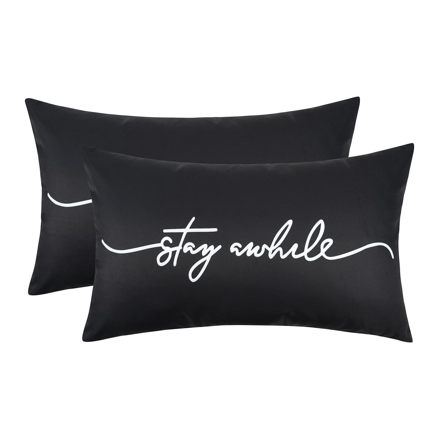 Adabana Outdoor Waterproof Throw Pillow Covers Set of 2 Stay awhile Decorative Outdoor Lumbar Pillows Cover for Patio Garden Porch Black 12x20 Inch