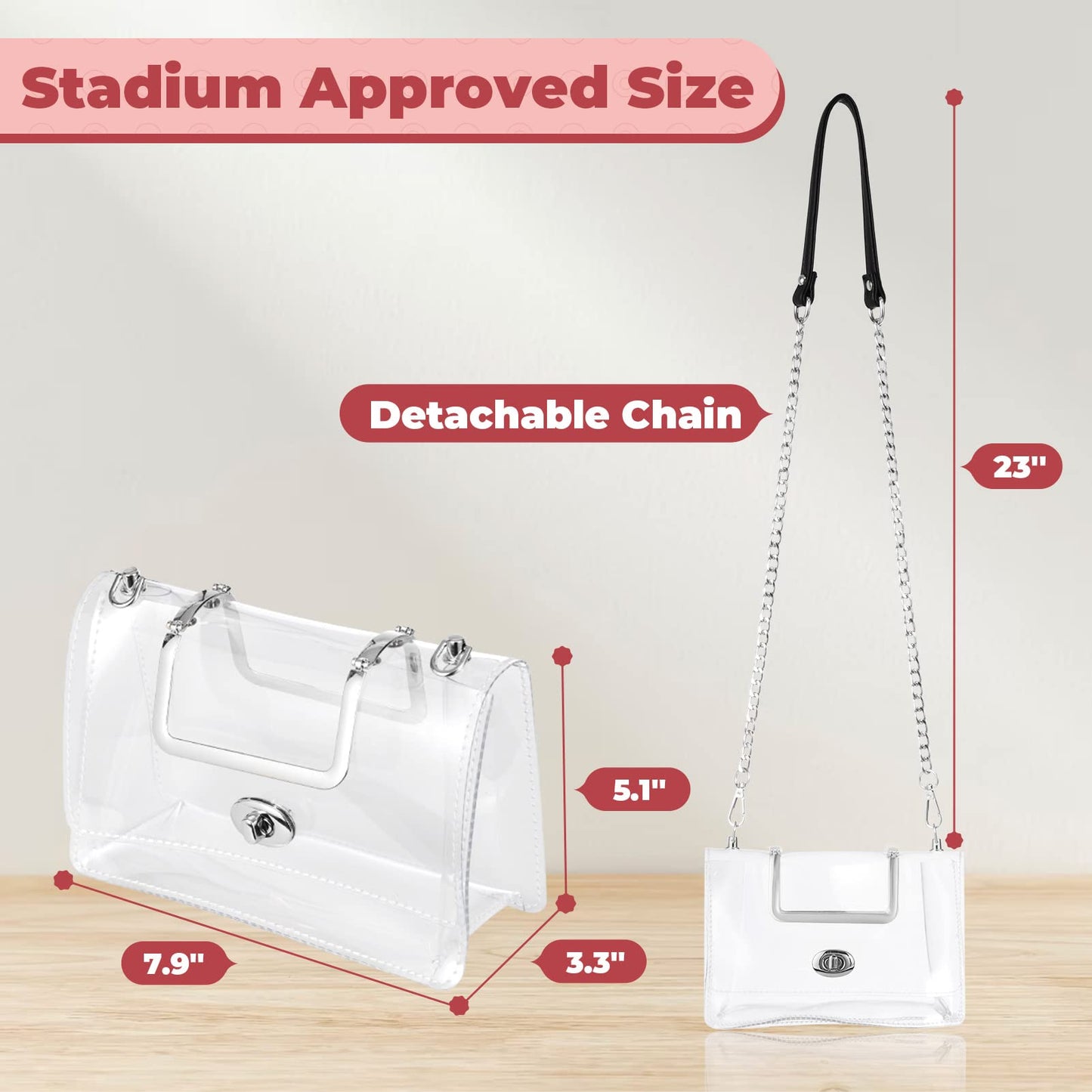 BS-VOG Clear Purse for Women Stadium Approved, Clear Crossbody Bag, Small Cute Clutch Handbag with Chain Strap for Sport Event Concert