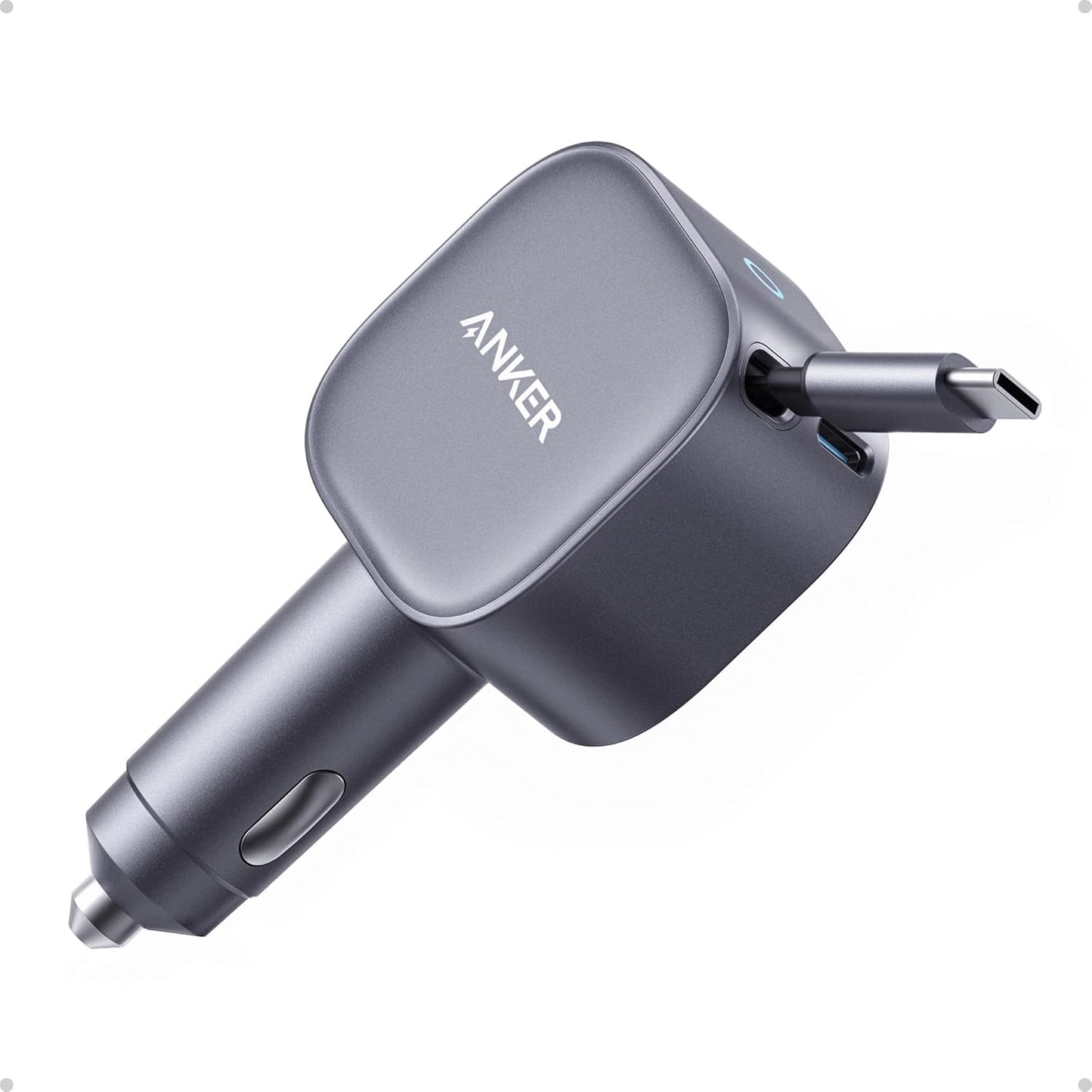Anker USB-C Car Charger, 75W Max, Ultra-Compact, Type-C Fast Charger with Built-in Retractable USB-C Cable, Car Adapter for iPhone 16/15 Series, MacBook Pro/Air, iPad, Galaxy, AirPods, and More