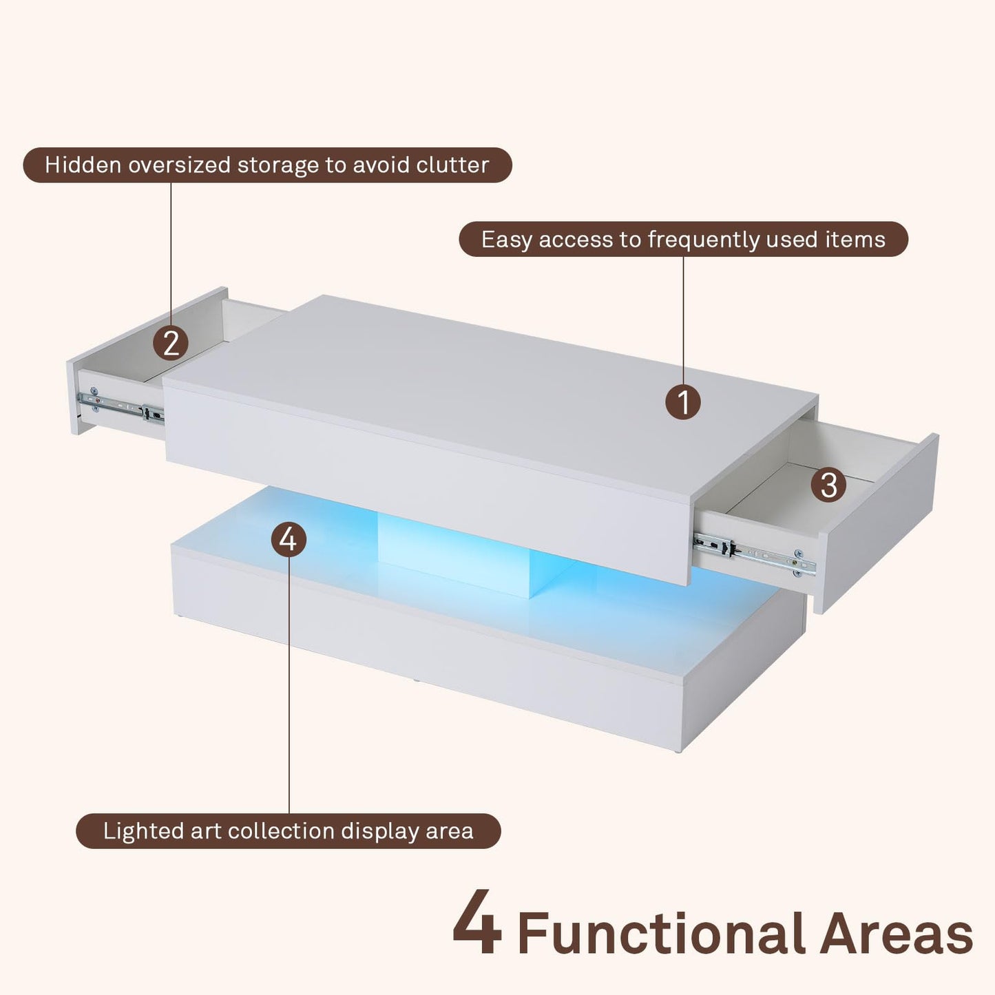 OC Orange-Casual LED Coffee Table with Storage, High Glossy Center Table with 2 Sliding Drawers, Modern Stylish Rectangle Coffee Table Double Layer with Open Display Shelf for Living Room (White)