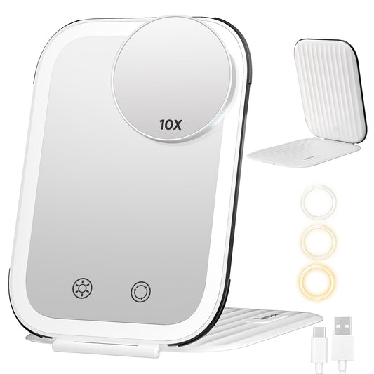 FUNTOUCH Rechargeable Travel Makeup Mirror with 72 Led Lights, Portable Lighted Beauty Mirror, 3 Color Lighting, Dimmable Touch Screen, Tabletop LED Folding Cosmetic Vanity Mirror