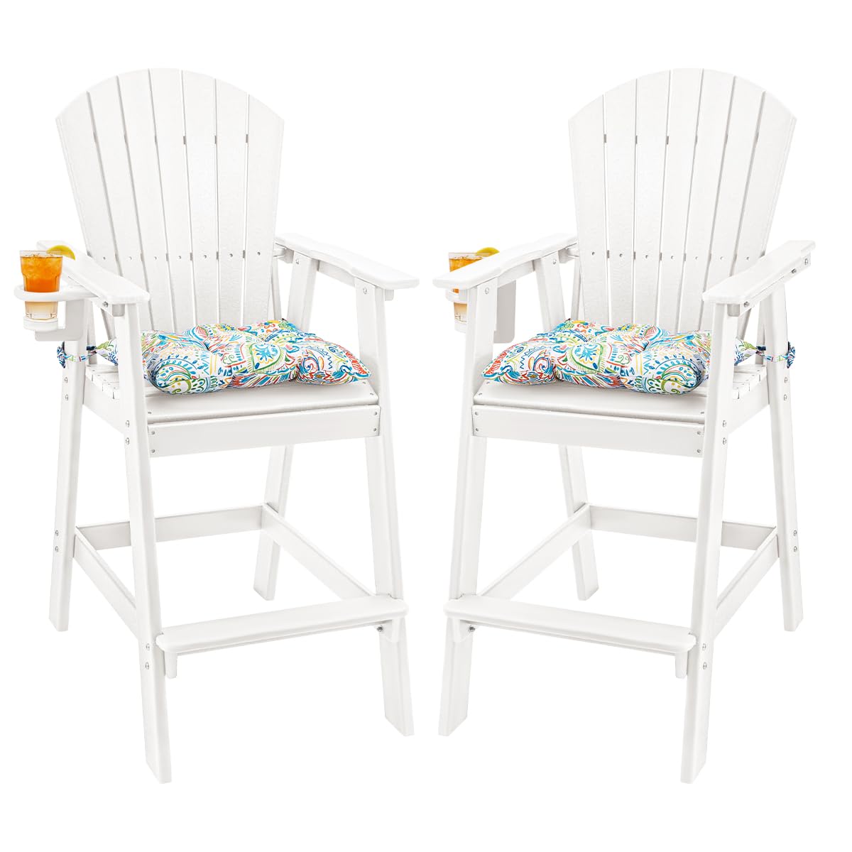 Sundale Outdoor Tall Adirondack Chairs Set of 2, 30 Inch Seat Height Patio Adirondack Bar Stools, HDPE Pub Chairs with Backrest, Tall Bistro Dining Counter Stool with Cushion, All-Weather, White