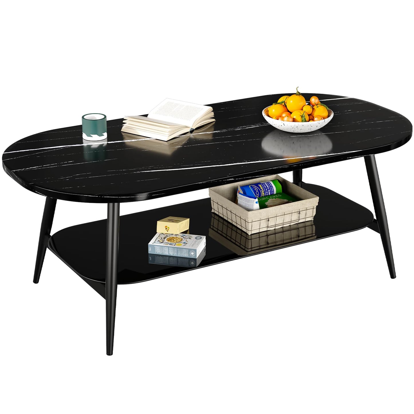 Coffee Tables for Living Room, Black Coffee Table with Glass Shelves, Spacious Oval-Shaped Mid Century Modern Coffee Table