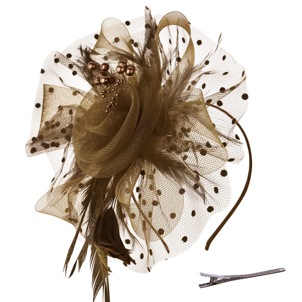 DRESHOW Fascinators Hat Flower Mesh Ribbons Feathers on a Headband and a Clip Tea Party Headwear for Girls and Women