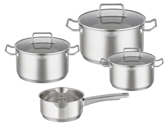 RÖSLE EXPERTISO 4-Piece Pot Set, Universal Pot Set with 3 Pots and 1 Saucepan, 18/10 Stainless Steel, Glass Lids, Scale on Inside, Suitable for Induction Cookers, Dishwasher Safe