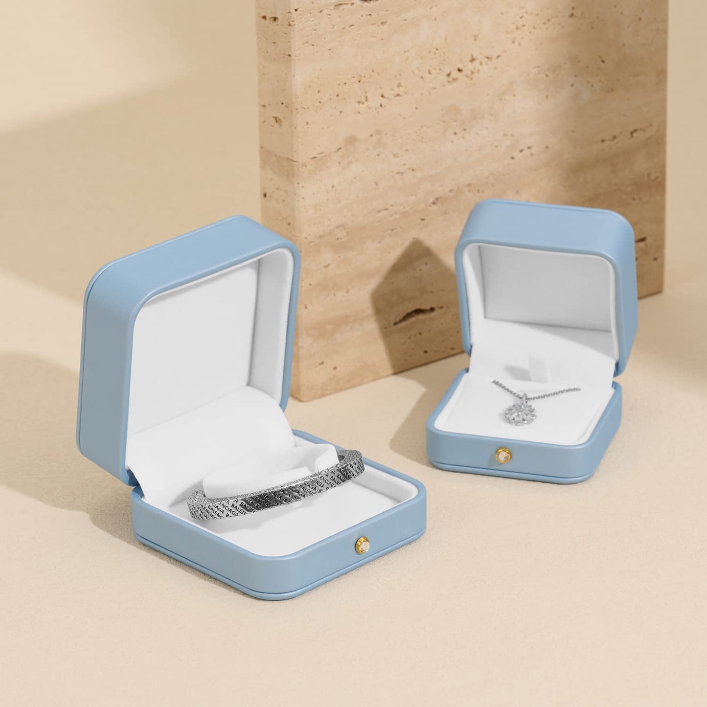 Oirlv Elegant Sky Blue Bracelet Gift Box Leather Bangle Box for Jewelry Gift White Velvet Interior Bangle Bracelet Storage