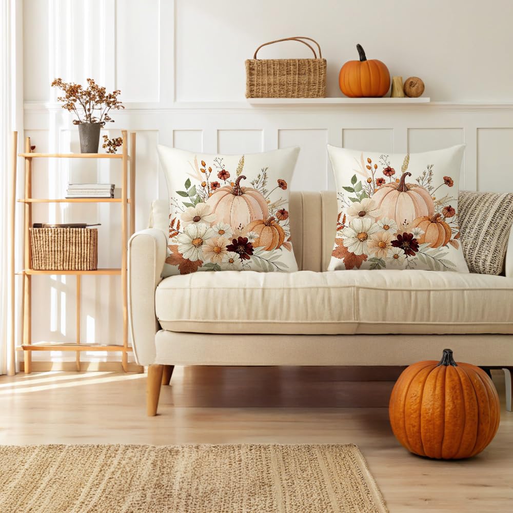 AMZDOTD Fall Pumpkin Pillow Covers 18x18 Inch Set of 2 Autumn Flower Pumpkins Throw Pillow Cover Indoor Outdoor Decorative Pillow Case Thanksgiving Harvest Cushion Case Sofa Couch Fall Decorations