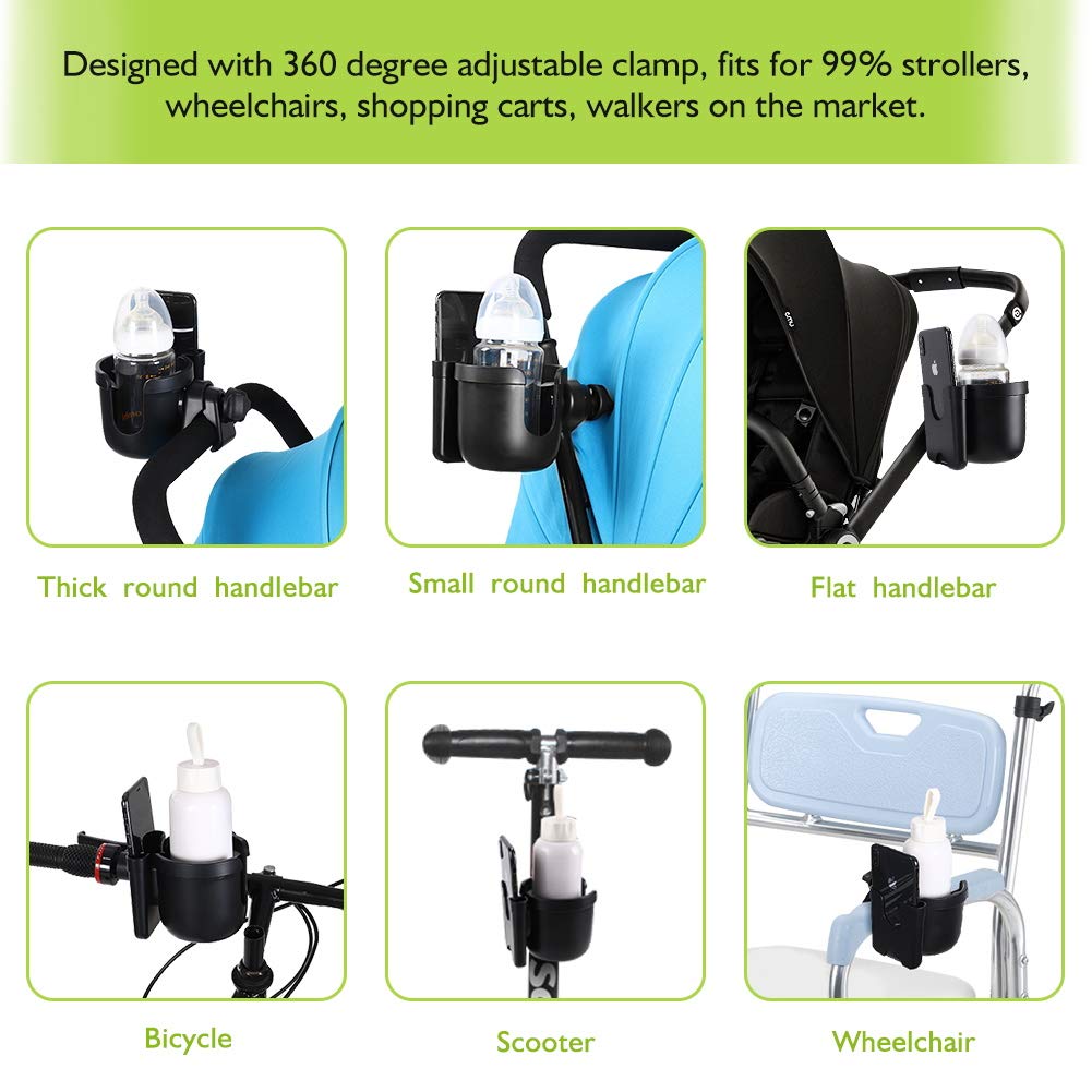 Accmor Stroller Cup Holder with Hook, Bike Cup Holder, Universal Cup Holder for Uppababy Nuna Doona Strollers, 2-in-1 Cup Phone Holder for Stroller, Bike, Wheelchair, Walker, Scooter