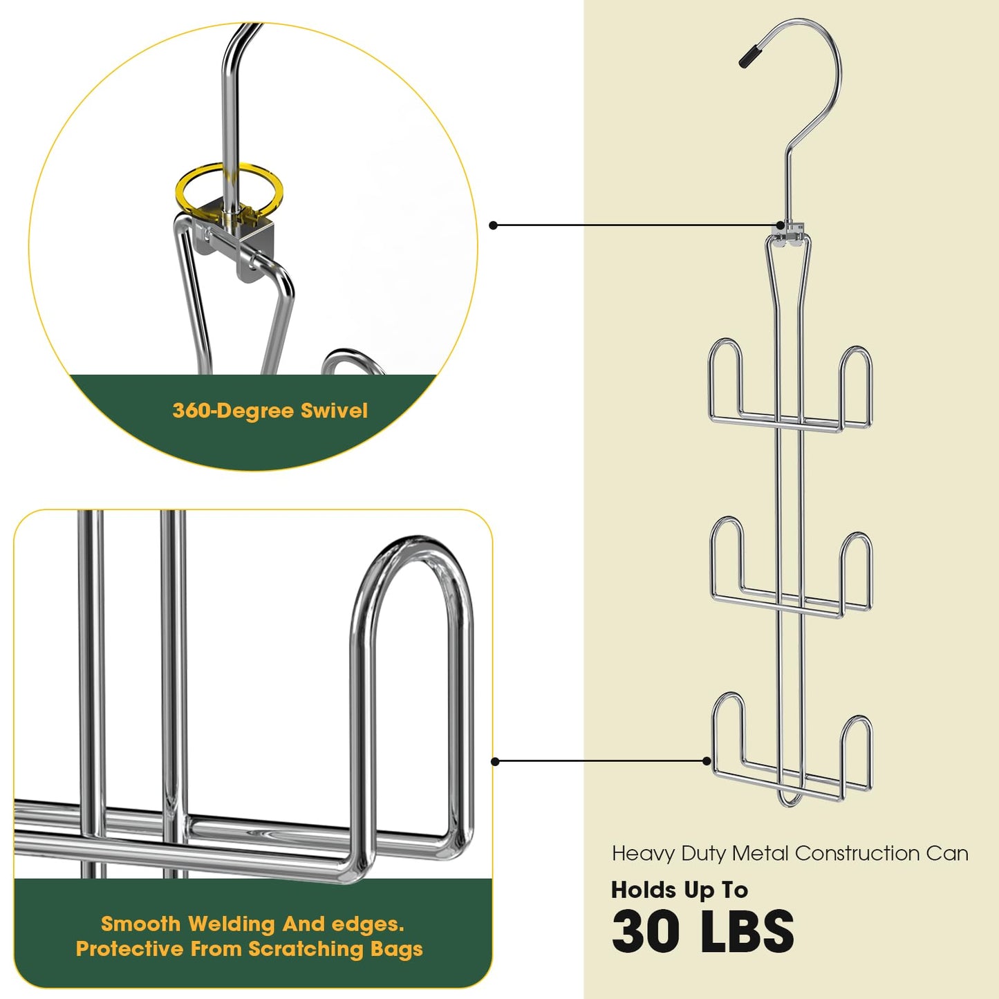 Ulimart Purse Hanger 2 Pack,Purse Organizer for Closet,Rotatable Metal Bag Organizer,Purse Holder for Handbags,Belts,Scarves,Tote,Baseball Hats,Backpacks(Silver)