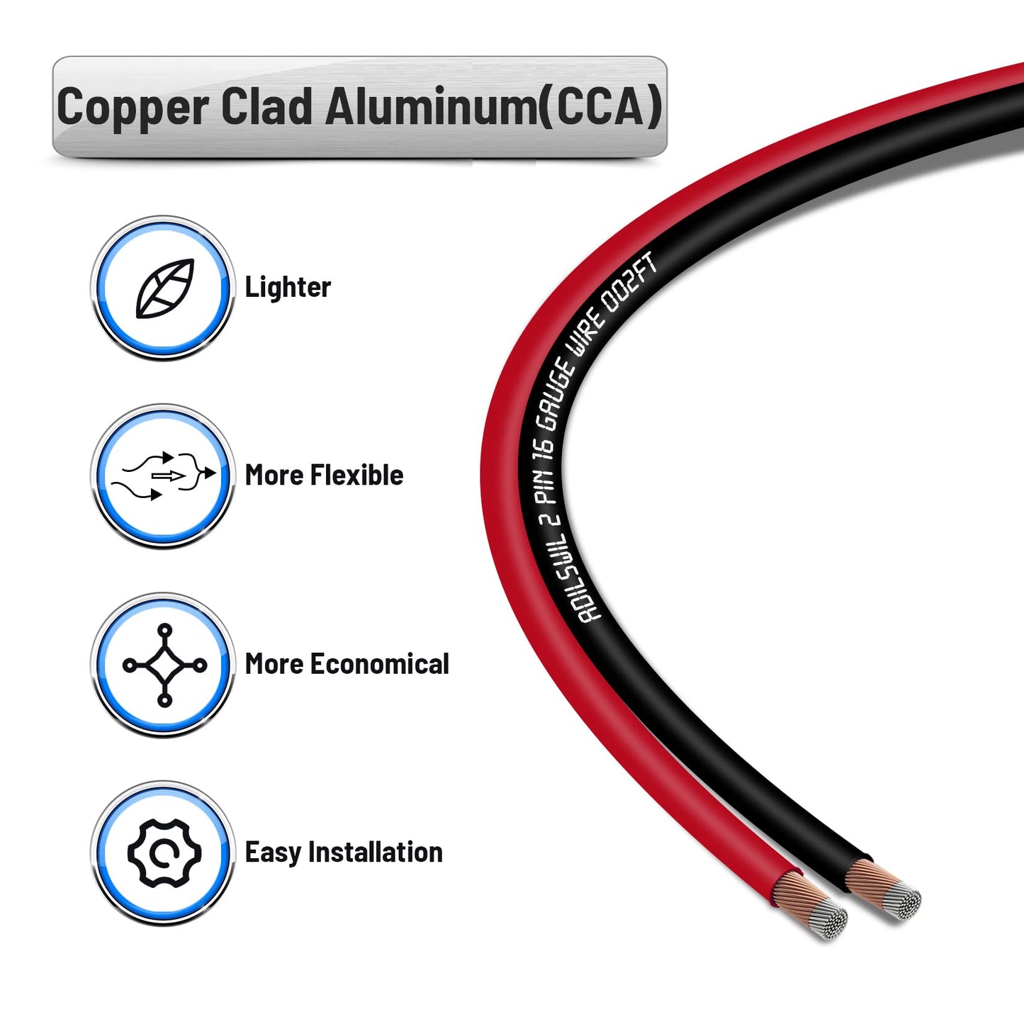 16AWG 100FT Speaker Wire, 2 Conductors Electrical Red Black Cable Hookup LED Lighting Strips Flexible Wire Extension Cord 16 Gauge Copper Clad Aluminum Copper Wire 12V/24V DC Cable