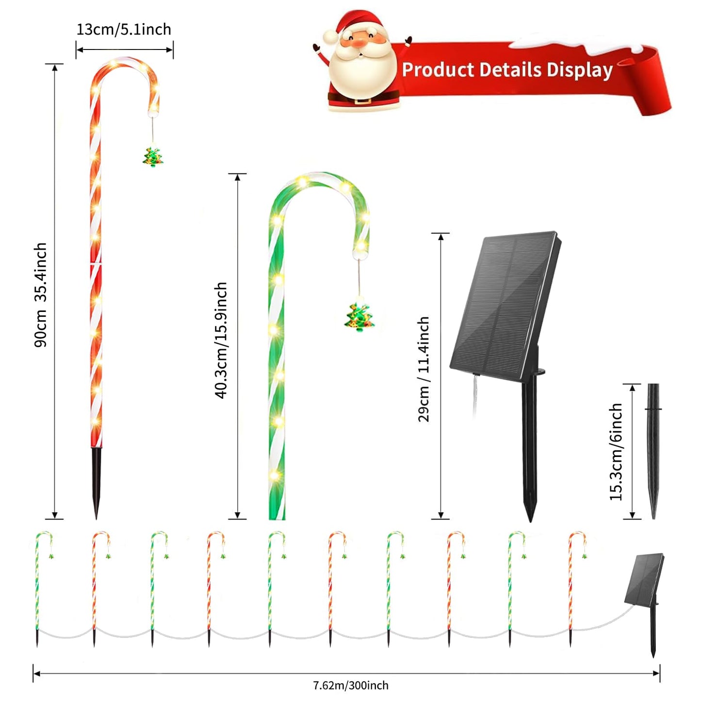 Amzxart Solar Pathway Lights Outdoor Christmas Decoration,10 Piece Set 8 Modes Solar Candy Cane Lights, Remote Christmas SolarPowered Light for Outdoor Garden, Balcony, Lawn Decoration