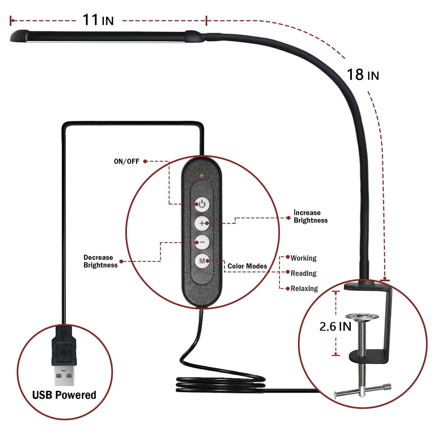 Phimuezl LED Desk Lamp with Clamp, Clamp Light with 30 Adjustable Color Modes, Clip on Light with Long Flexible Gooseneck, Eye Care Lamp Clamp for Study, Work, Home, Office, Black, 12W