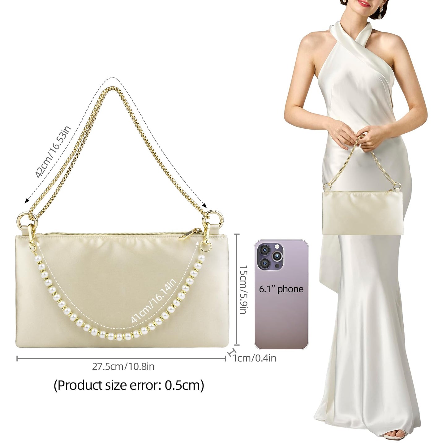 MGBPEI Women Satin Evening Handbag Wedding Prom Clutch Purse Formal Cocktail Party Clutches Shoulder Bag with 2 Bag Chains(Champagne)
