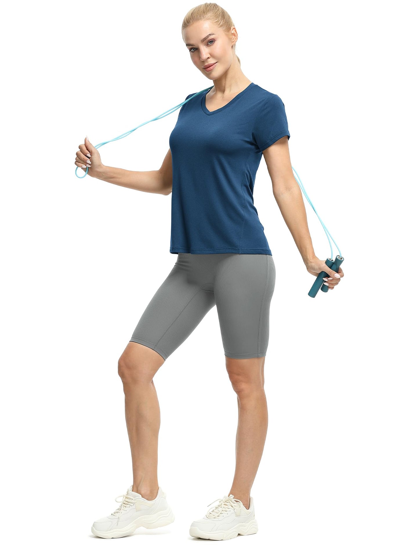 icyzone Workout Shirts Yoga Tops Activewear V-Neck T-Shirts for Women Running Fitness Sports Short Sleeve Tees (Dark Grey/True Navy/Aqua, S)