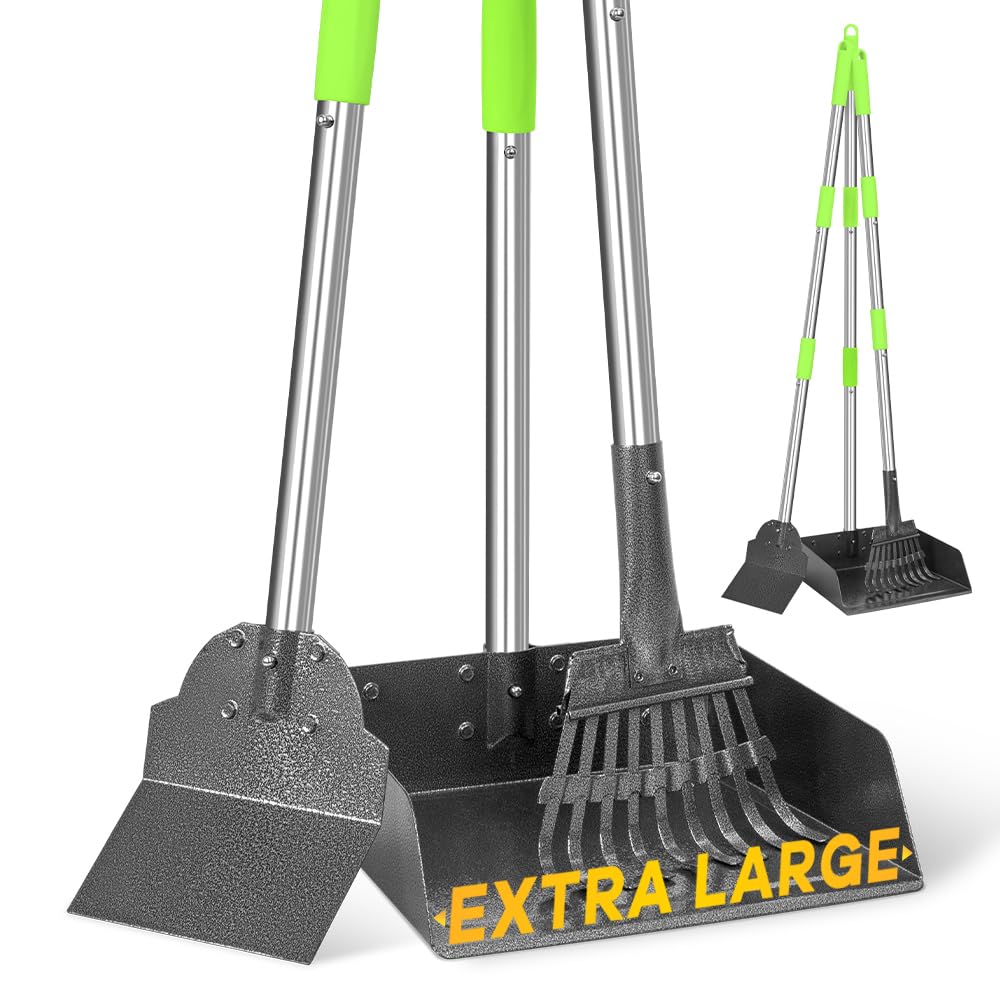 TOOGE Larger Pooper Scooper, Dog Pooper Scooper for Large Medium Small Dogs Heavy Duty Long Handle Metal Tray Rake Shovel Set for Yard Grass