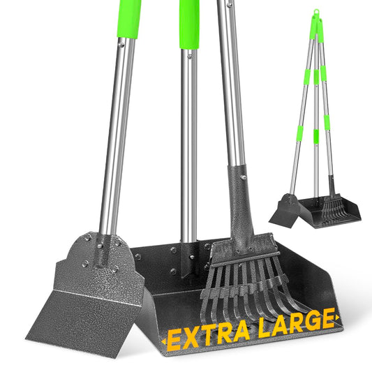 TOOGE Larger Pooper Scooper, Dog Pooper Scooper for Large Medium Small Dogs Heavy Duty Long Handle Metal Tray Rake Shovel Set for Yard Grass