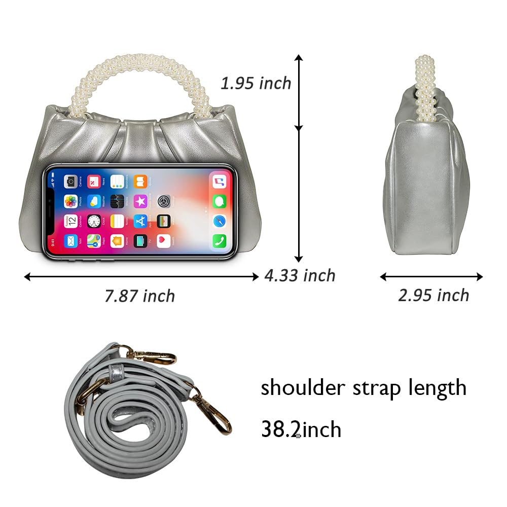 Beatfull Evening Purse Women Small Pearl Handbags Soft Leather Ruched Bag Wedding Bridal Clutch Party Prom Crossbody Purses Silver
