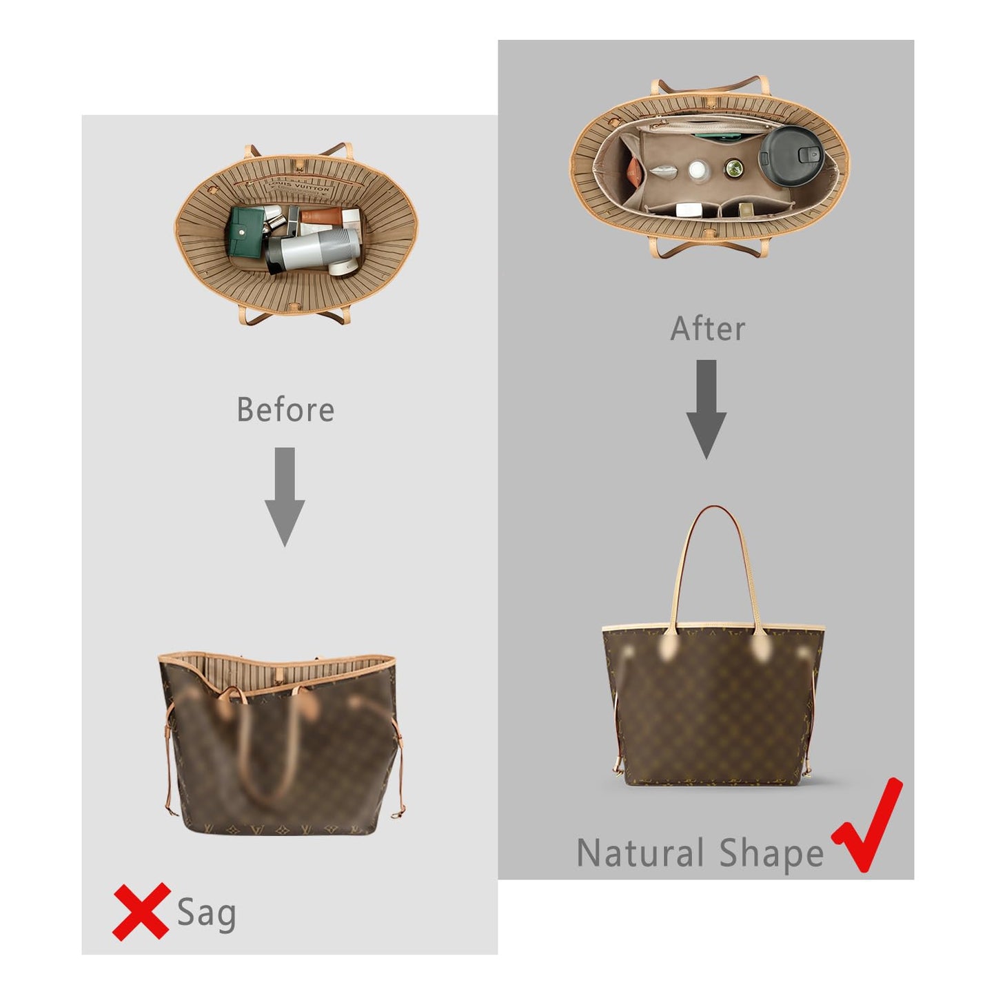 ZTUJO Purse Organizer Insert For Handbag & Tote Shaper,Tote Bag Organizer Insert For Speedy Neverful, 6 Sizes(X-Large,Silky Beige)