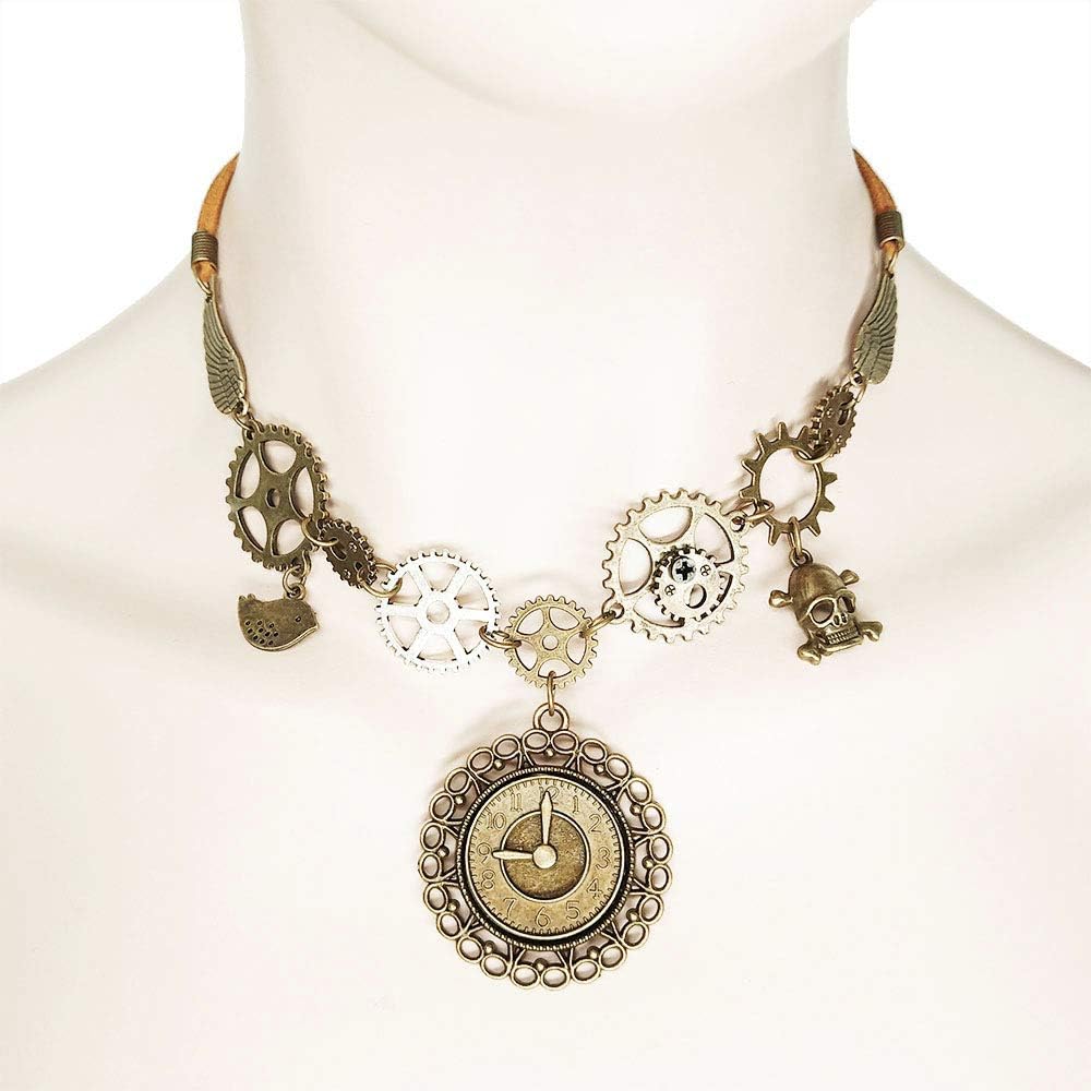 Juland Steampunk Gears Pendant Statement Necklace Vintage Bronze & Silver Watch Clock Clockwork Hand Gear Cog Handmade Kinetic Winged Gear Necklace and Earring Set - Y503